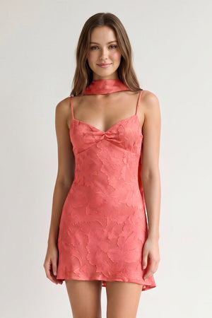 Coral Pink Jacquard Chiffon Cami Straps Sheath Homecoming Dress with Scarf | KISSPROM