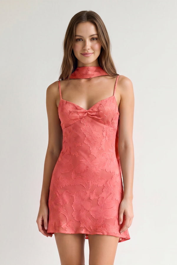 Coral Pink Jacquard Chiffon Cami Straps Sheath Homecoming Dress with Scarf | KISSPROM