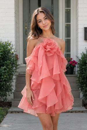 Coral Pink Ruffled Chiffon Halter Asymmetrical A-Line Homecoming Dress | KISSPROM