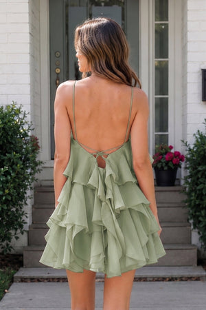 Sage Green Ruffled Chiffon Halter Asymmetrical A-Line Homecoming Dress | KISSPROM