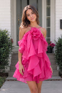 Fuchsia Ruffled Chiffon Halter Asymmetrical A-Line Homecoming Dress | KISSPROM