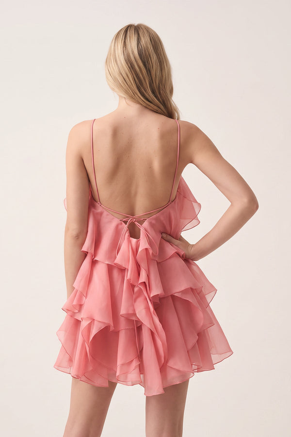 Coral Pink Ruffled Chiffon Halter Asymmetrical A-Line Homecoming Dress | KISSPROM