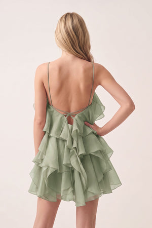 Sage Green Ruffled Chiffon Halter Asymmetrical A-Line Homecoming Dress | KISSPROM