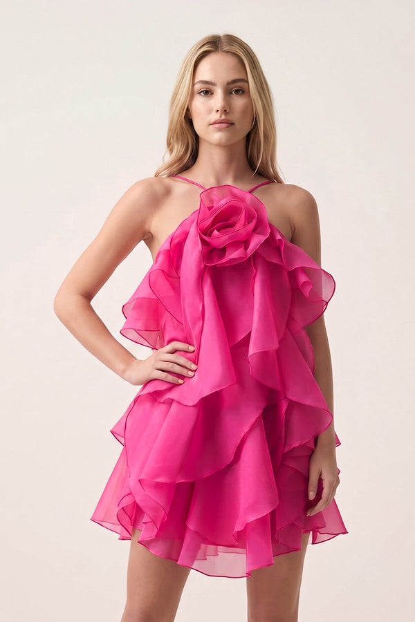 Fuchsia Ruffled Chiffon Halter Asymmetrical A-Line Homecoming Dress | KISSPROM