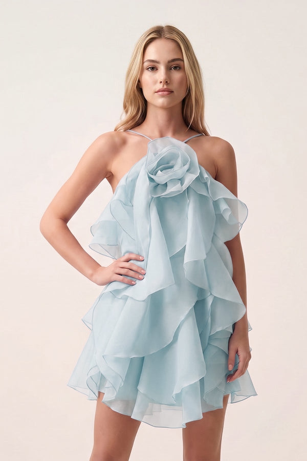Sky Blue Ruffled Chiffon Halter Asymmetrical A-Line Homecoming Dress | KISSPROM