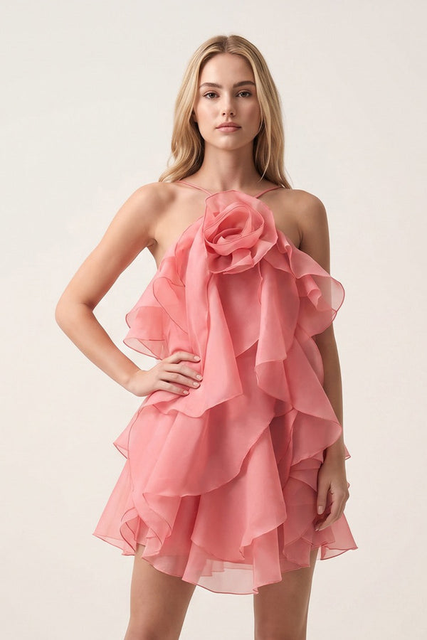 Coral Pink Ruffled Chiffon Halter Asymmetrical A-Line Homecoming Dress | KISSPROM