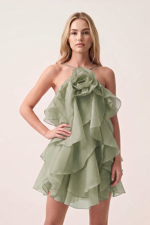 Sage Green Ruffled Chiffon Halter Asymmetrical A-Line Homecoming Dress | KISSPROM