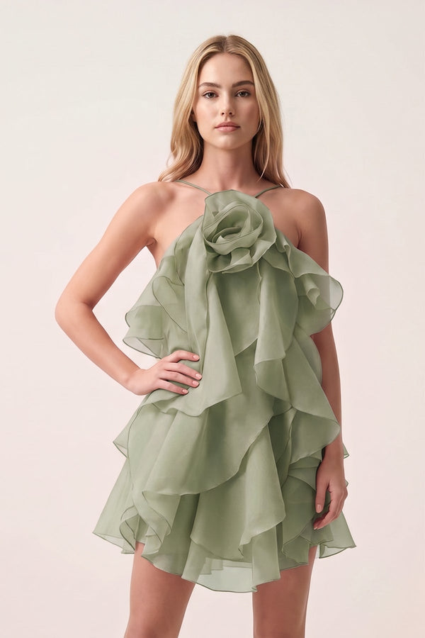 Sage Green Ruffled Chiffon Halter Asymmetrical A-Line Homecoming Dress | KISSPROM