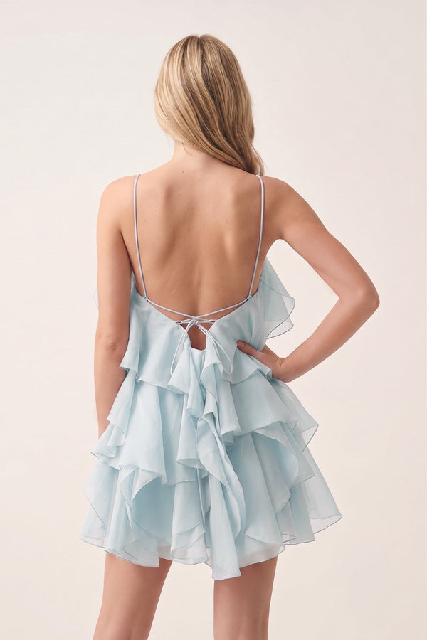 Sky Blue Ruffled Chiffon Halter Asymmetrical A-Line Homecoming Dress | KISSPROM