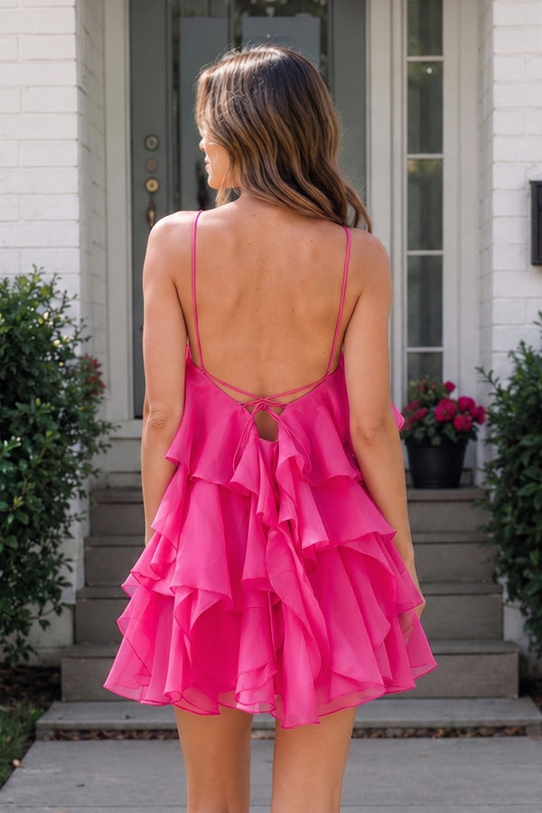 Fuchsia Ruffled Chiffon Halter Asymmetrical A-Line Homecoming Dress | KISSPROM