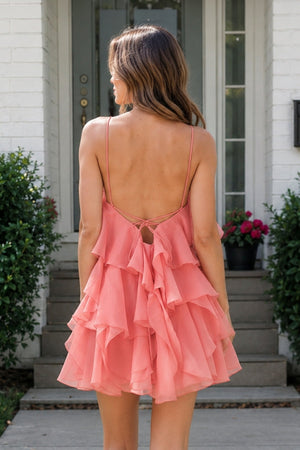 Coral Pink Ruffled Chiffon Halter Asymmetrical A-Line Homecoming Dress | KISSPROM