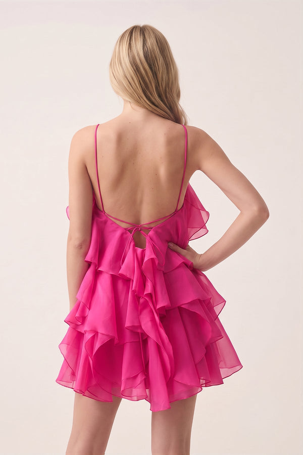 Fuchsia Ruffled Chiffon Halter Asymmetrical A-Line Homecoming Dress | KISSPROM