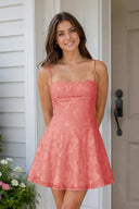 Coral Pink Spaghetti Straps A-Line Chiffon Jacquard Homecoming Dress | KISSPROM