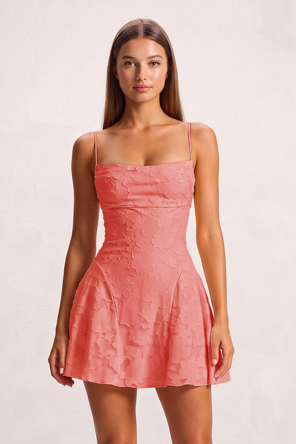 Coral Pink Spaghetti Straps Jacquard Chiffon A-Line Homecoming Dress (3) | KISSPROM