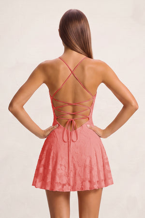 Coral Pink Spaghetti Straps Jacquard Chiffon A-Line Homecoming Dress (4) | KISSPROM