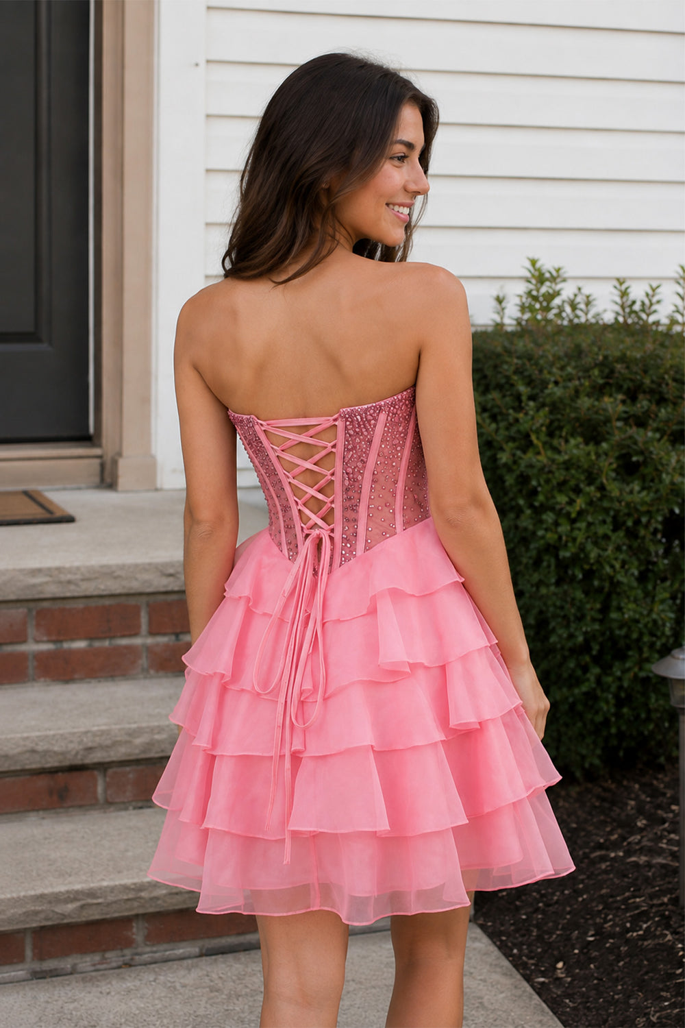 Coral Pink Sweetheart Tiered Ruffled A-Line Corset Chiffon Homecoming Dress | KISSPROM