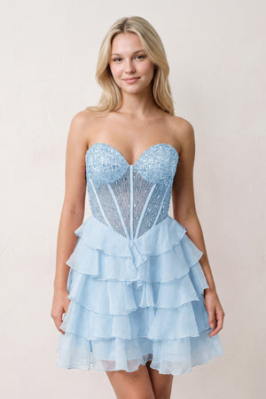 Sky Blue Sweetheart Tiered Ruffled A-Line Corset Chiffon Homecoming Dress | KISSPROM