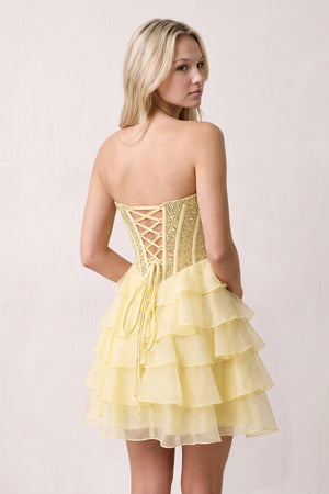 Yellow Sweetheart Tiered Ruffled A-Line Corset Chiffon Homecoming Dress (3) | KISSPROM