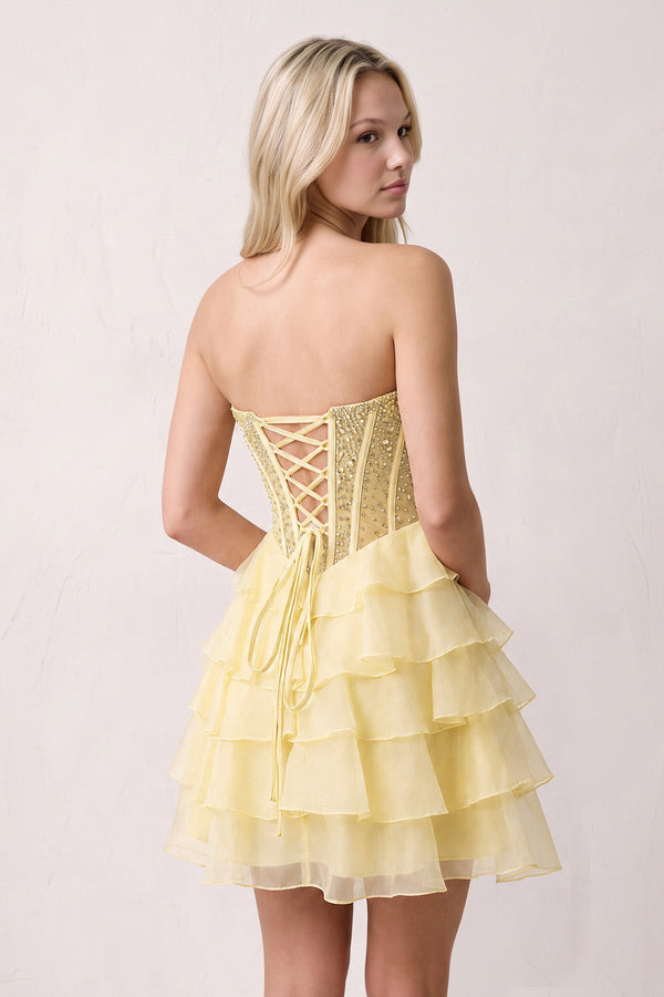 Yellow Sweetheart Tiered Ruffled A-Line Corset Chiffon Homecoming Dress (3) | KISSPROM