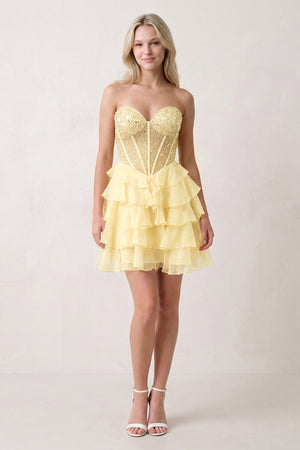 Yellow Sweetheart Tiered Ruffled A-Line Corset Chiffon Homecoming Dress (2) | KISSPROM