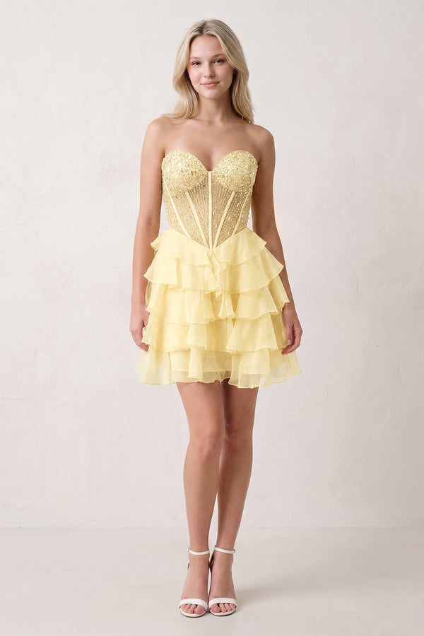Yellow Sweetheart Tiered Ruffled A-Line Corset Chiffon Homecoming Dress (2) | KISSPROM