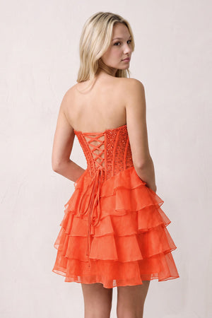 Orange Sweetheart Tiered Ruffled A-Line Corset Chiffon Homecoming Dress (3) | KISSPROM
