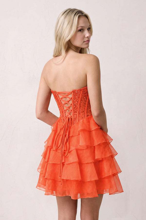 Orange Sweetheart Tiered Ruffled A-Line Corset Chiffon Homecoming Dress (3) | KISSPROM