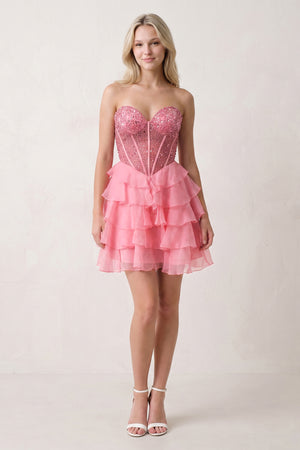 Coral Pink Sweetheart Tiered Ruffled A-Line Corset Chiffon Homecoming Dress (3) | KISSPROM