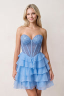 Periwinkle Sweetheart Tiered Ruffled A-Line Corset Chiffon Homecoming Dress | KISSPROM