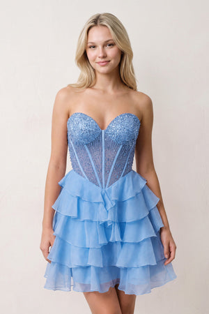 Periwinkle Sweetheart Tiered Ruffled A-Line Corset Chiffon Homecoming Dress | KISSPROM