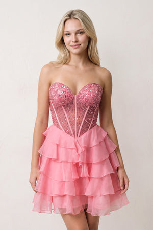 Coral Pink Sweetheart Tiered Ruffled A-Line Corset Chiffon Homecoming Dress | KISSPROM