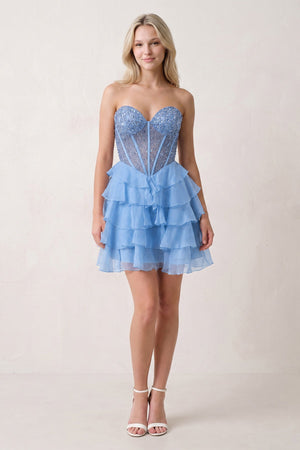 Periwinkle Sweetheart Tiered Ruffled A-Line Corset Chiffon Homecoming Dress (2) | KISSPROM