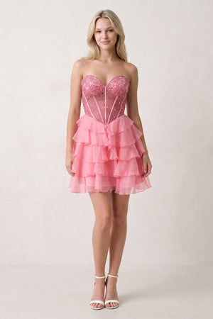 Coral Pink Sweetheart Tiered Ruffled A-Line Corset Chiffon Homecoming Dress (3) | KISSPROM
