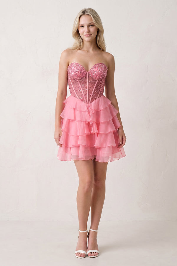 Coral Pink Sweetheart Tiered Ruffled A-Line Corset Chiffon Homecoming Dress (3) | KISSPROM