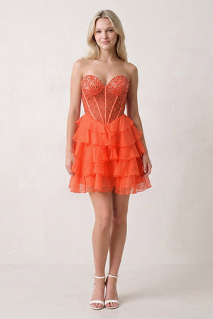 Orange Sweetheart Tiered Ruffled A-Line Corset Chiffon Homecoming Dress (2) | KISSPROM