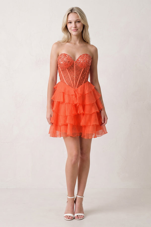 Orange Sweetheart Tiered Ruffled A-Line Corset Chiffon Homecoming Dress (2) | KISSPROM