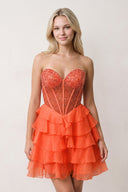 Orange Sweetheart Tiered Ruffled A-Line Corset Chiffon Homecoming Dress | KISSPROM