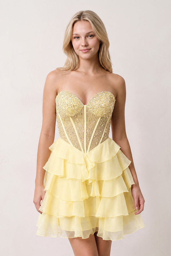 Yellow Sweetheart Tiered Ruffled A-Line Corset Chiffon Homecoming Dress | KISSPROM