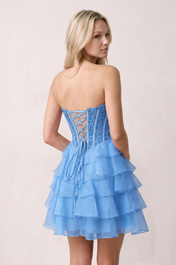 Periwinkle Sweetheart Tiered Ruffled A-Line Corset Chiffon Homecoming Dress (3) | KISSPROM