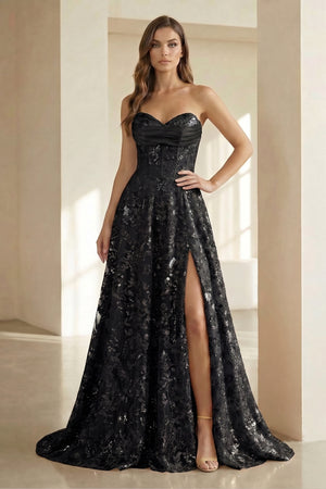 Gold Sweetheart A Line Sequined Lace Formal Prom Dresses With Slit - KissProm