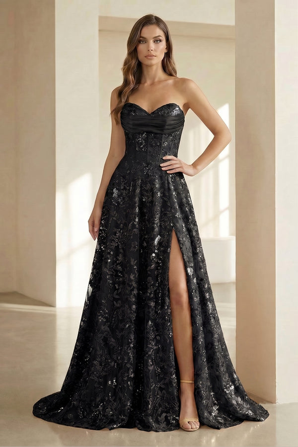 Gold Sweetheart A Line Sequined Lace Formal Prom Dresses With Slit - KissProm