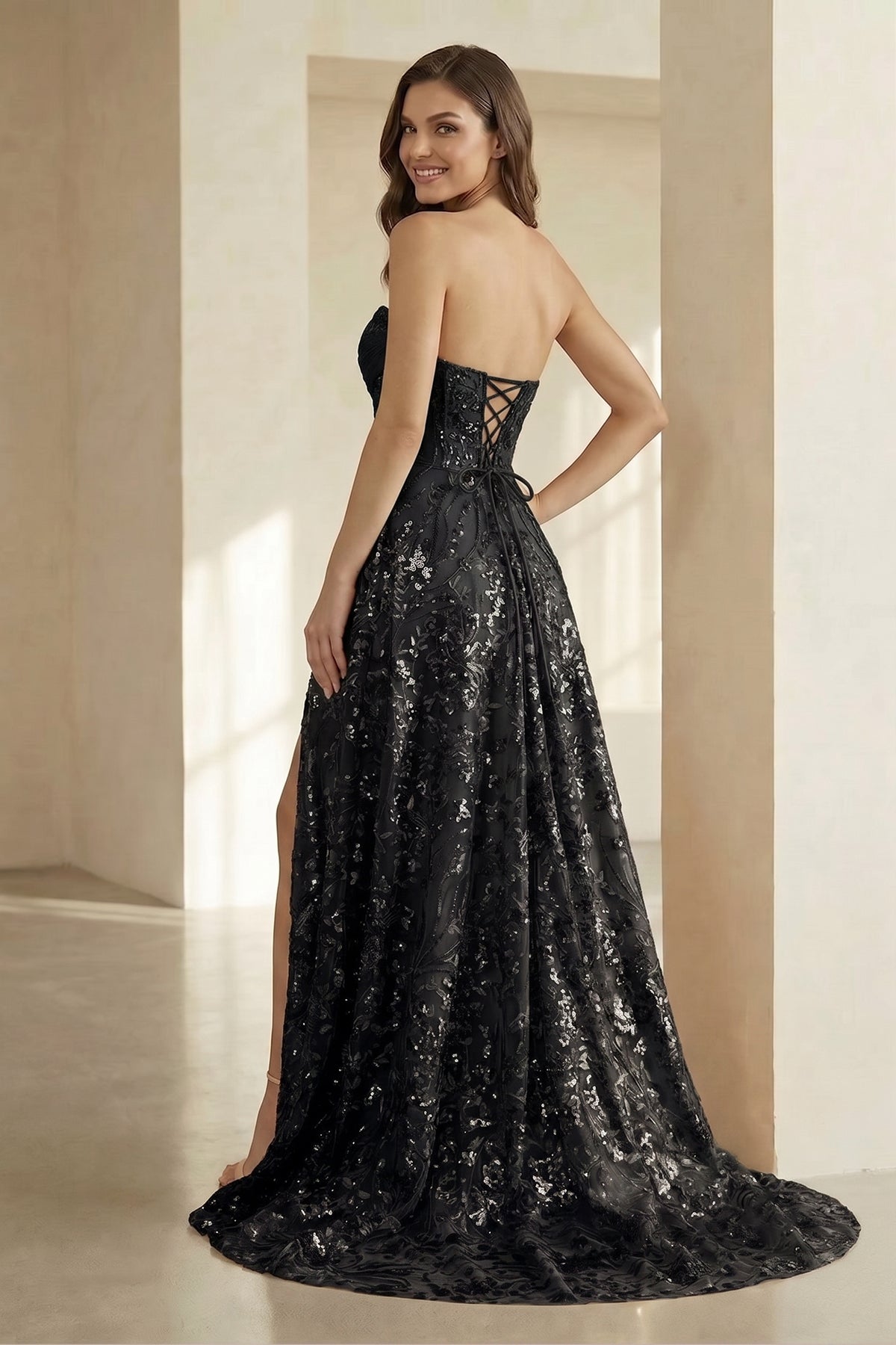 KissProm Gold Sweetheart A Line Sequined Lace Formal Prom Dresses With Slit, Black / 18