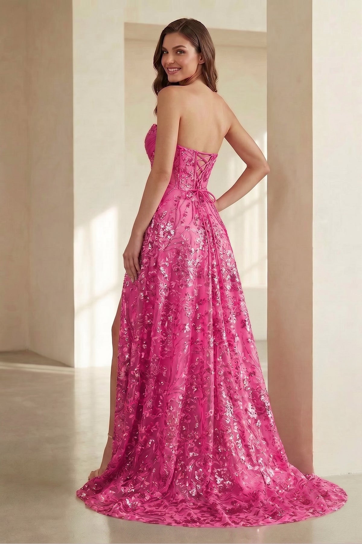 KissProm Gold Sweetheart A Line Sequined Lace Formal Prom Dresses With Slit, Fuchsia / 16