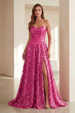 Gold Sweetheart A Line Sequined Lace Formal Prom Dresses With Slit - KissProm