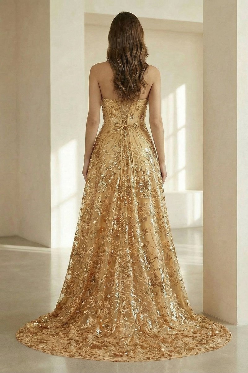 Coralyth | Gold - Strapless A Line Sequined Lace Formal Prom Dresses With Slit - KissProm