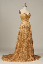 Coralyth | Gold - Strapless A Line Sequined Lace Formal Prom Dresses With Slit - KissProm