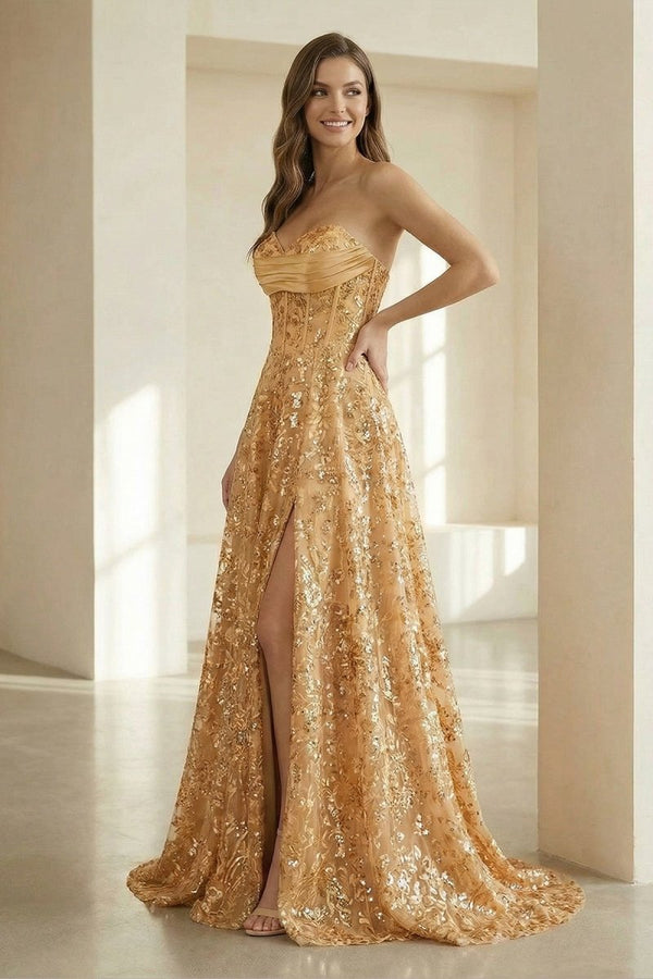 Coralyth | Gold - Strapless A Line Sequined Lace Formal Prom Dresses With Slit - KissProm