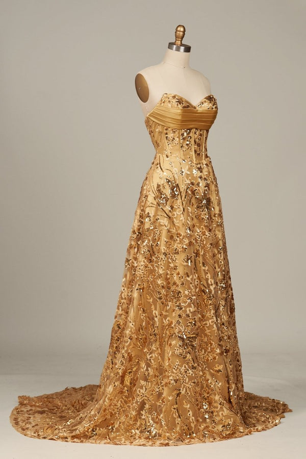 Gold Sweetheart A Line Sequined Lace Formal Prom Dresses With Slit - KissProm