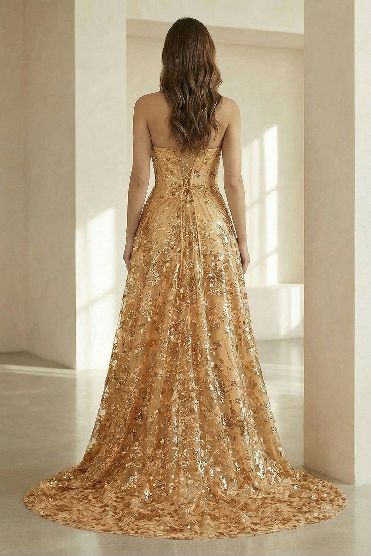 Coralyth | Gold - Strapless A Line Sequined Lace Formal Prom Dresses With Slit - KissProm