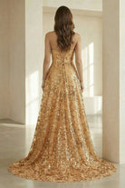 Coralyth | Gold - Strapless A Line Sequined Lace Formal Prom Dresses With Slit - KissProm